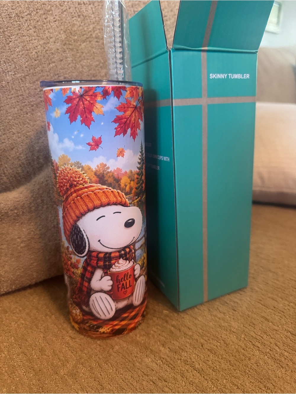 Snoopy Fall Skinny Tumbler - Autumn Leaves Design